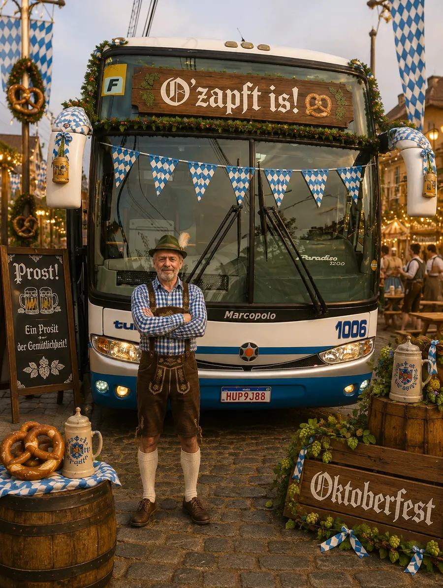 Sérgio, de traje típico, na frente do ônibus 1006 decorado para a Oktoberfest
